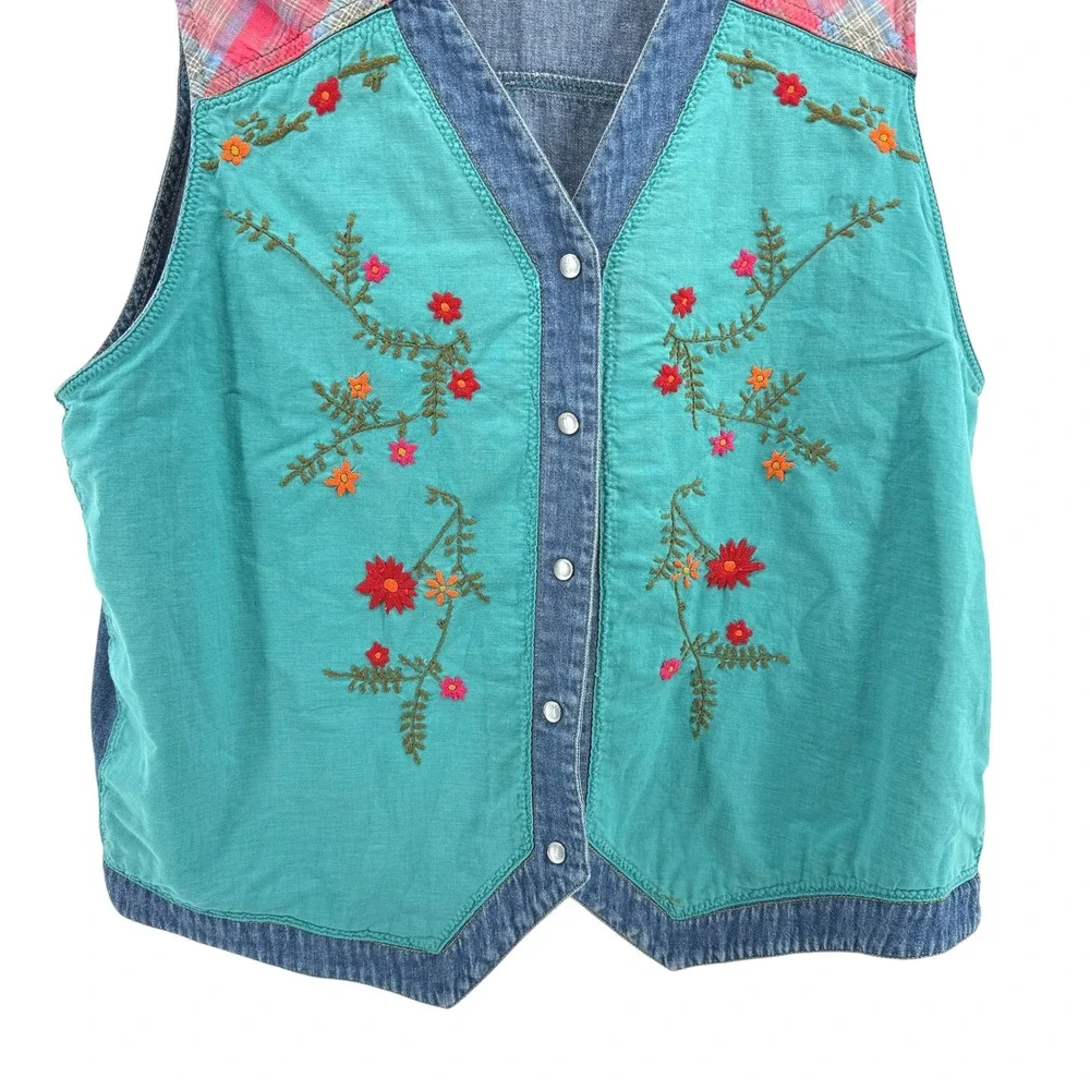 Vtg. Y2K Carole Little Floral Embroidered Denim Vest Western‎ Plaid Womens 14W